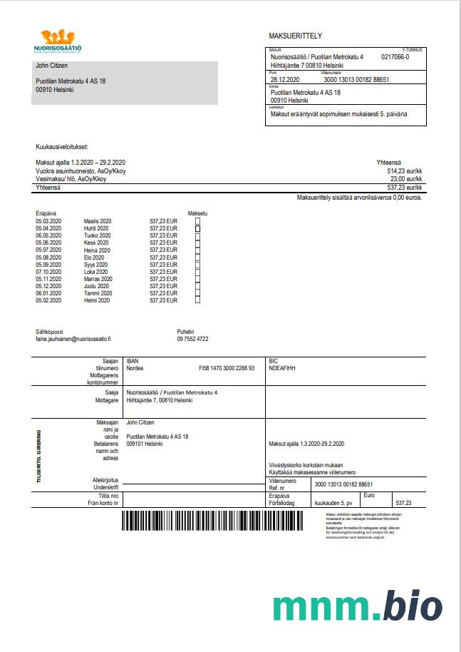 Finlandia Nuorisosäätiö Youth Foundation bill szablon w formacie Word